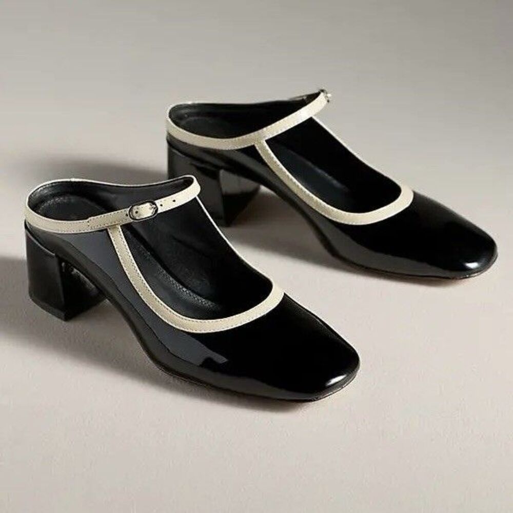 Anthropologie Maeve Mary Jane Mules Black Patent Leather EU 38 US 7.5 NWOB